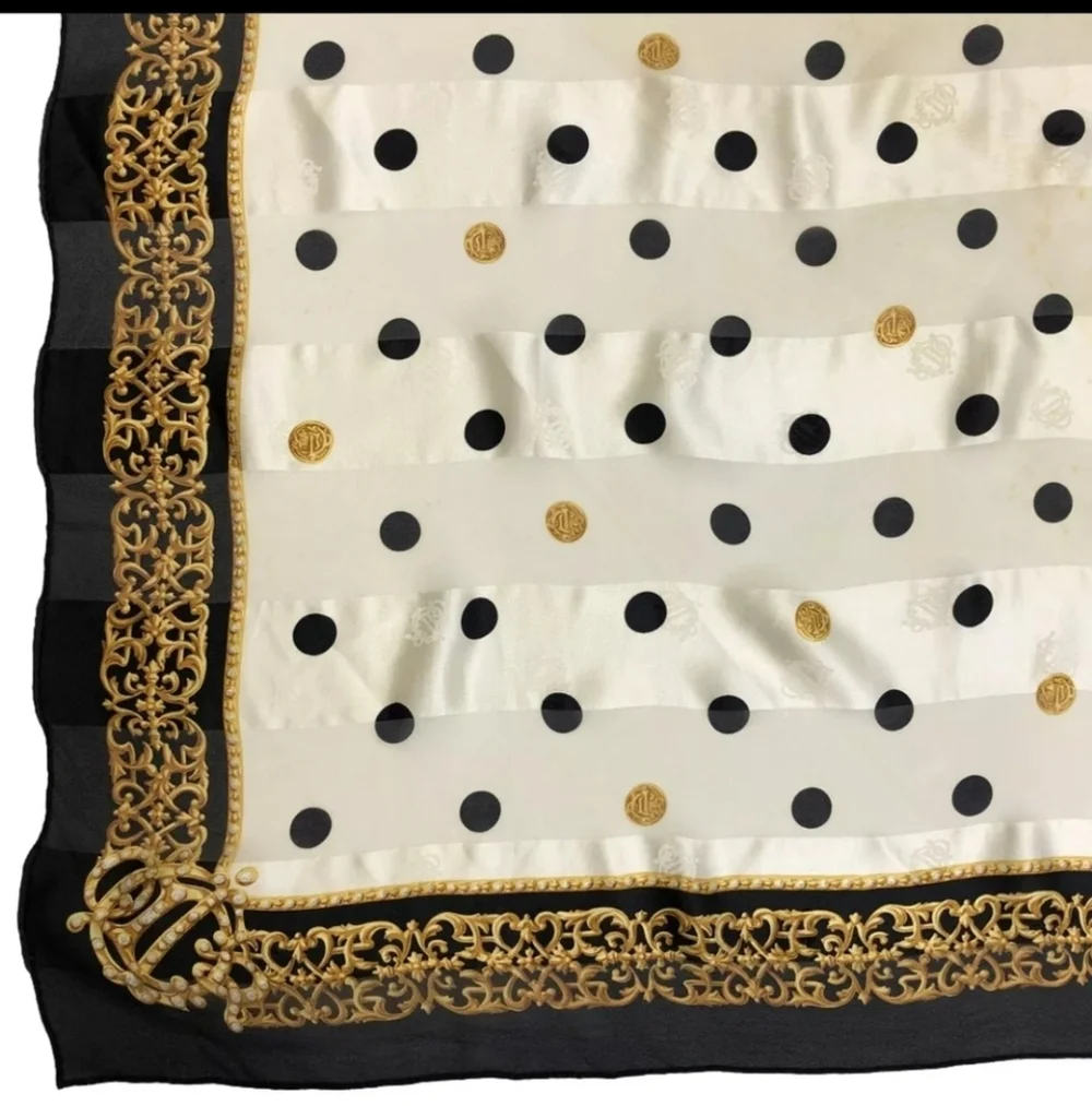 Christian Dior Vintage Emblem Logo Polka Dot Pattern Silk Scarf + Dior Hard Box
